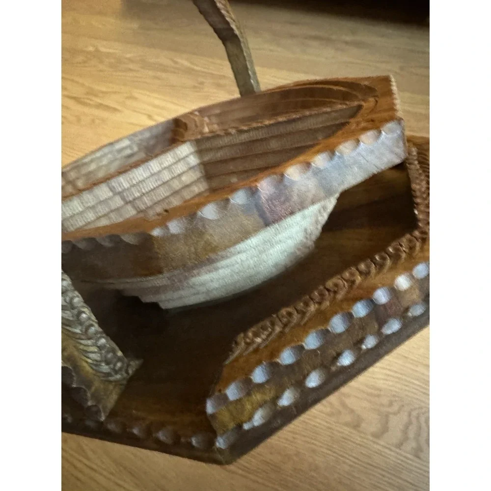 Vintage‎ 1970s Afghanistan Hand Carved Wooden Collapsible Basket